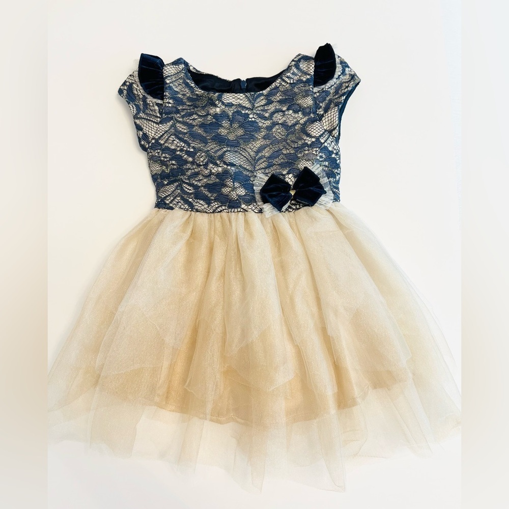Biscotti Navy and Lace Champagne Tulle Dress with Bow, Girls 2T - Like New - Picture 4 of 8